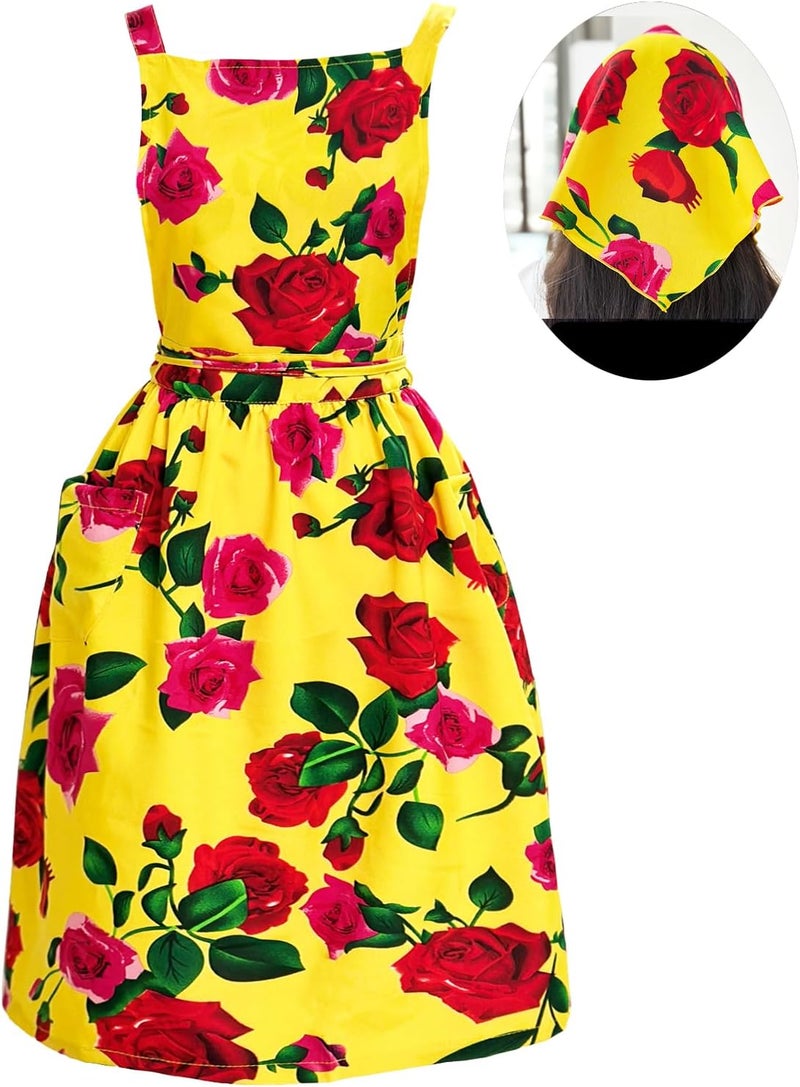 Cityelf Vintage Pinafore Floral Apron Dress with Headscarf Set Adjustable Cross Back with Pocket for Kitchen Baking Gardening - Image 2